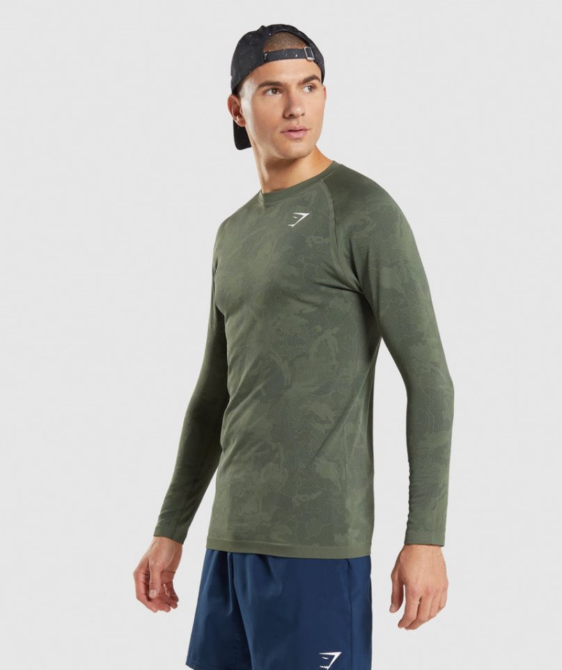 Men's Gymshark Geo Seamless Long Sleeve T-Shirts Olive | CA 810D75